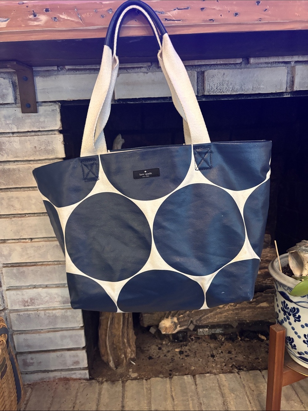 Kate Spade "On the Go" Navy Polka Dot Canvas Tote